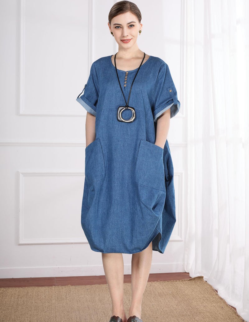 Minibee Women's Ruffle Oversize Casual Midi Dresses with Pockets (L, Denim Blue) - Image 1